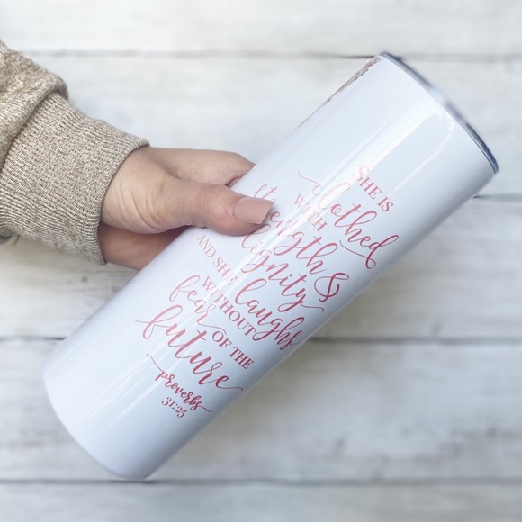 Proverbs 31:25 Christian 20oz Skinny Steel Tumbler - Red Marble Geode - Picture 3 of 4